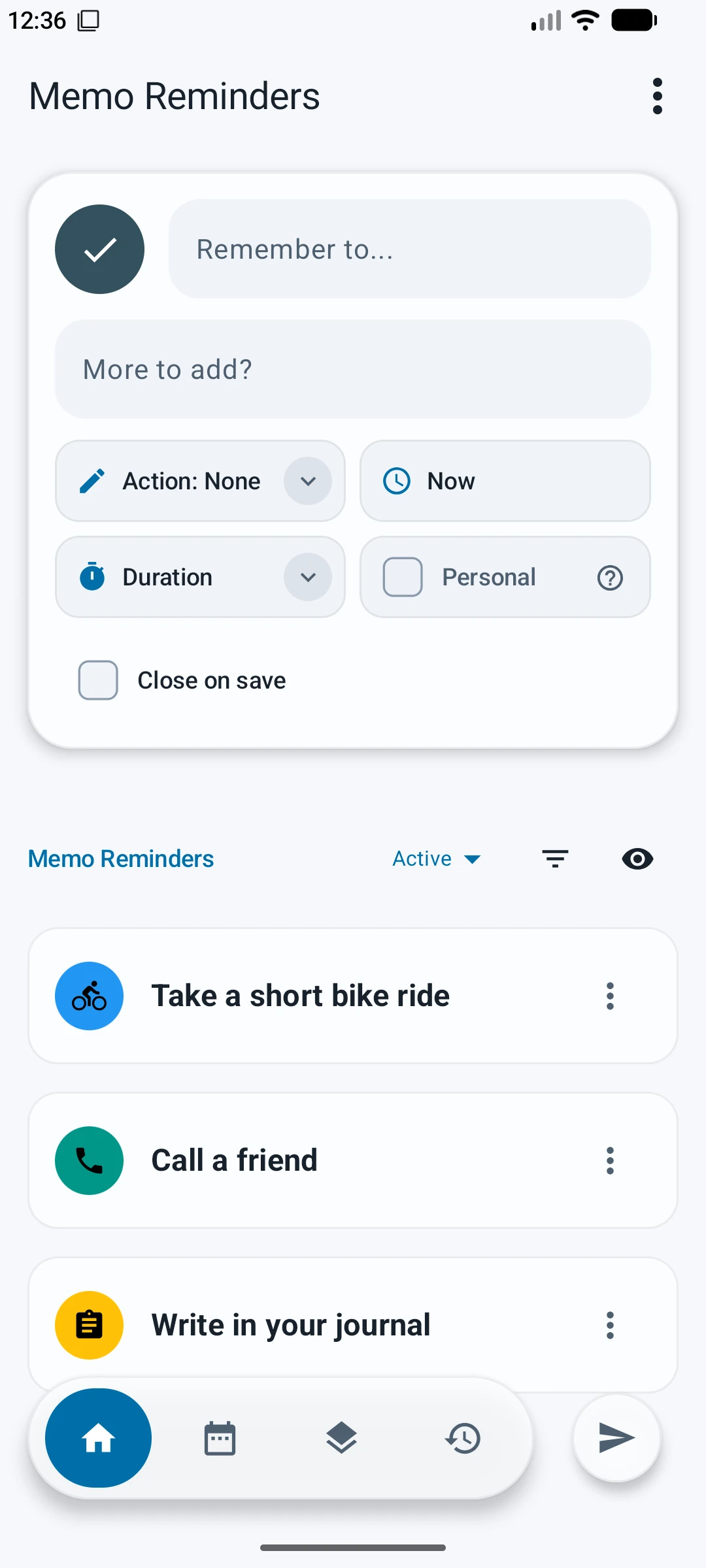 Memo Reminders interface preview showing the reminder editor with time, duration, and action controls