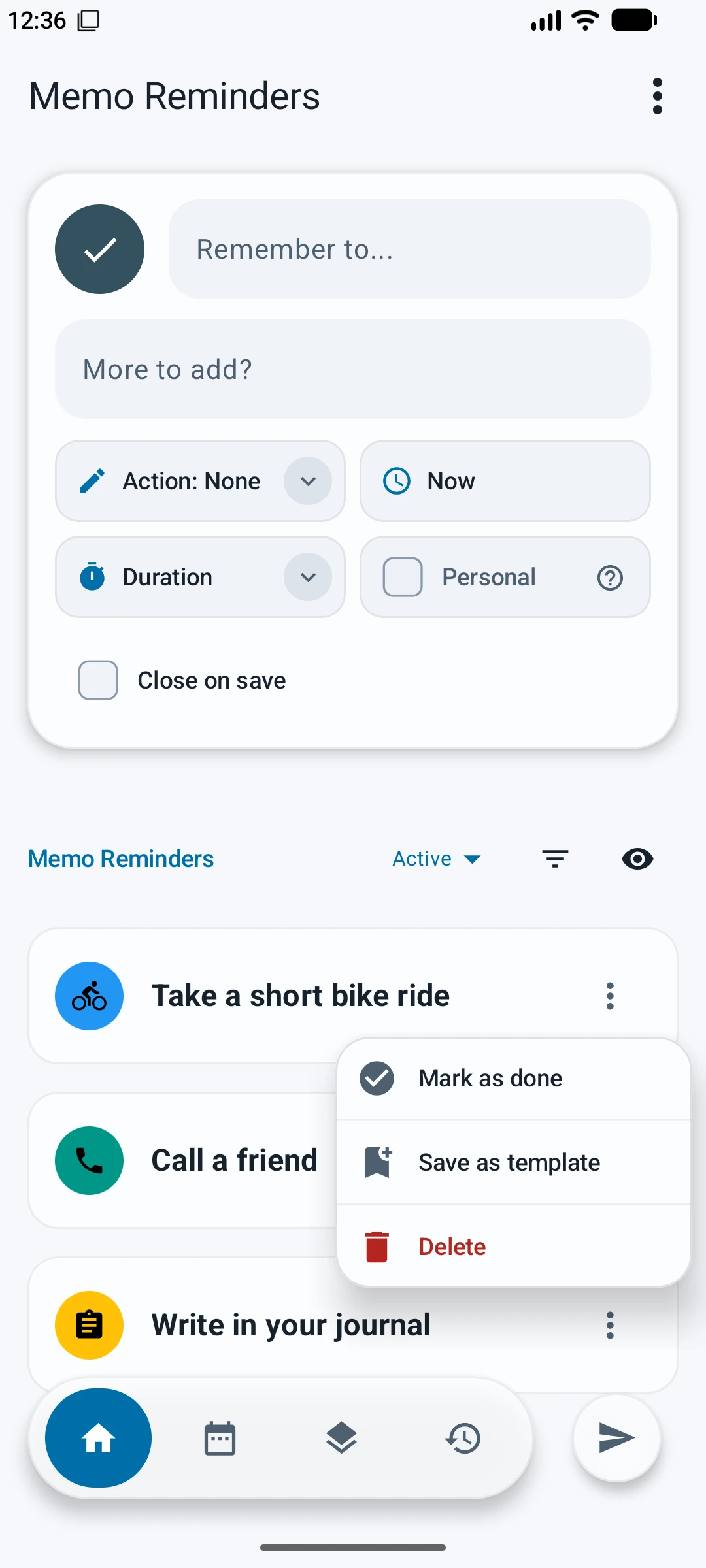 Memo Reminders interface preview showing the reminder menu with Mark as done, Save as template, and Delete